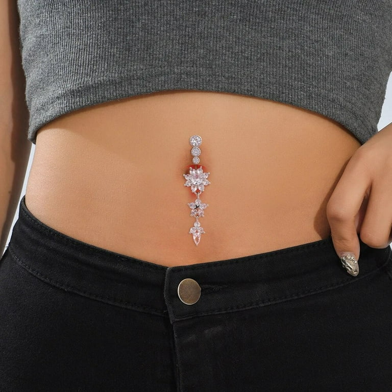 Long Dangled Flower Crystals Belly Button Rings Sexy Curved Navel Piercing for Women Girls 5 Zircons Belly body Jewelry 1 Piece Walmart