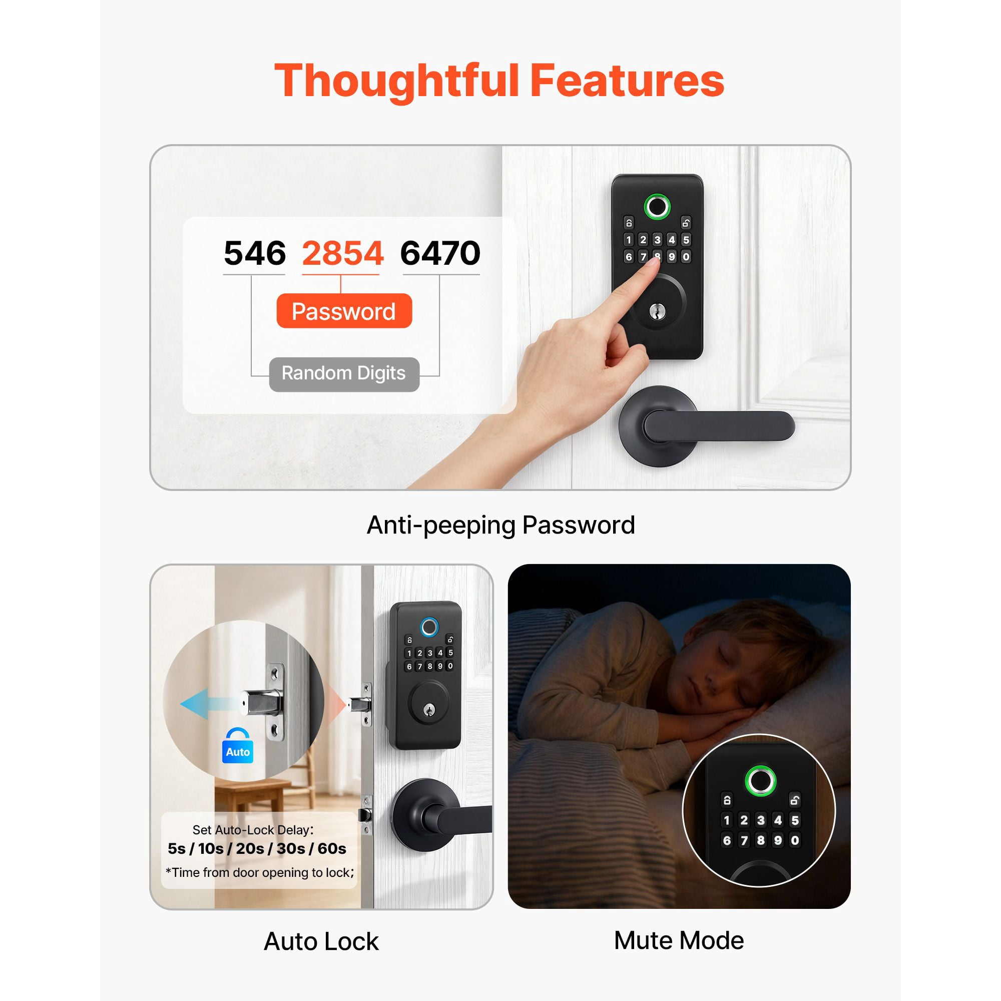 Fingerprint Door Lock Set with Handles 50 Fingerprints 100 User Codes Auto Lock Anti-Peeping for Home Matte Black