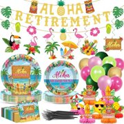 156Pcs Tropical Hawaiian Luau Retirement Party Decoration Beach Happy Retirement Tableware Dinnerware Summer Aloha Paper Plate Napkin Banner Balloon Hanging Swirl Honeycomb Centerpieces Party Supplie