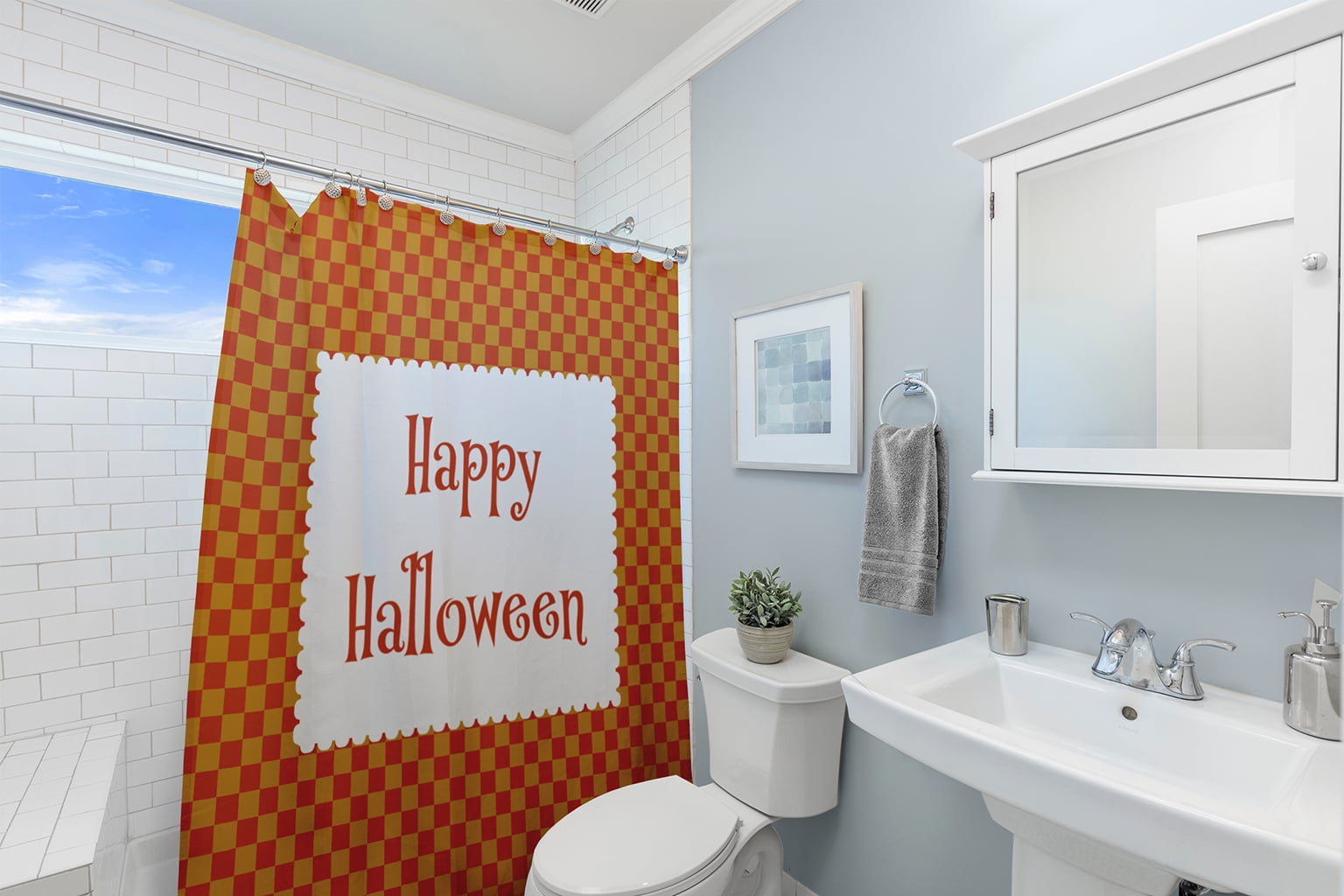 Simply Daisy 70" W x 73" L Halloween Happy Halloween Checks Polyester Shower Curtain, Rust [1 Ct]