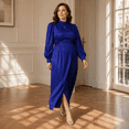 thumbnail image 6 of Plus Size Faux Denim Wrap Waist Maxi Dress, Puff Sleeve Mandarin Collar Front Slit Casual Semi-Formal Dress, 6 of 6