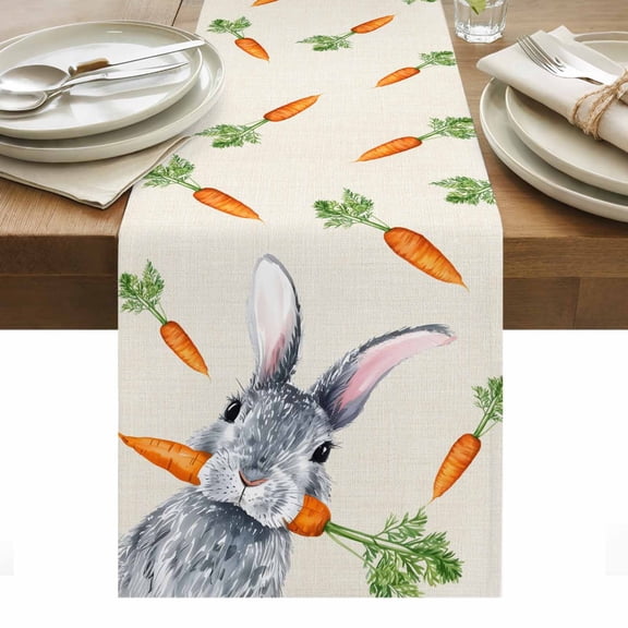 Grey Bunny Easter Table Runner - 90 Inch Long, Kitchen Dining Table Runner Dresser Scarves, Rabbits Spring Botanical Carrots Farmhouse Decor for Coffee Tables Wedding Party Banquet