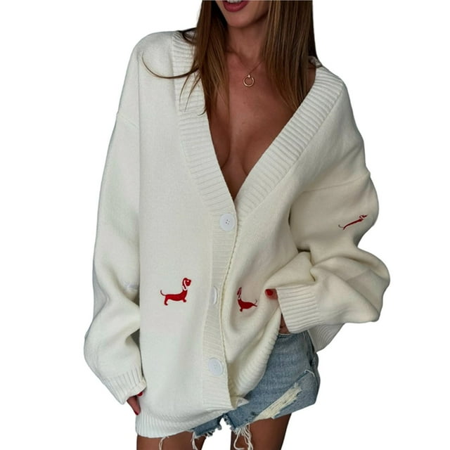 Cárdigan de Punto con Botones y Bordado Gráfico para Mujer, Cuello en V, Cómodo y Divertido, Ideal para Otoño M