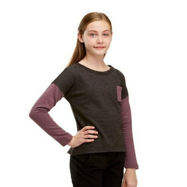 Soffe Girls' Big Quilted Crew Sweater, Charcoal Heather Black Plum, Medium 8-10