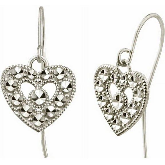 10kt White Gold Diamond-Cut Heart Dangle Earrings