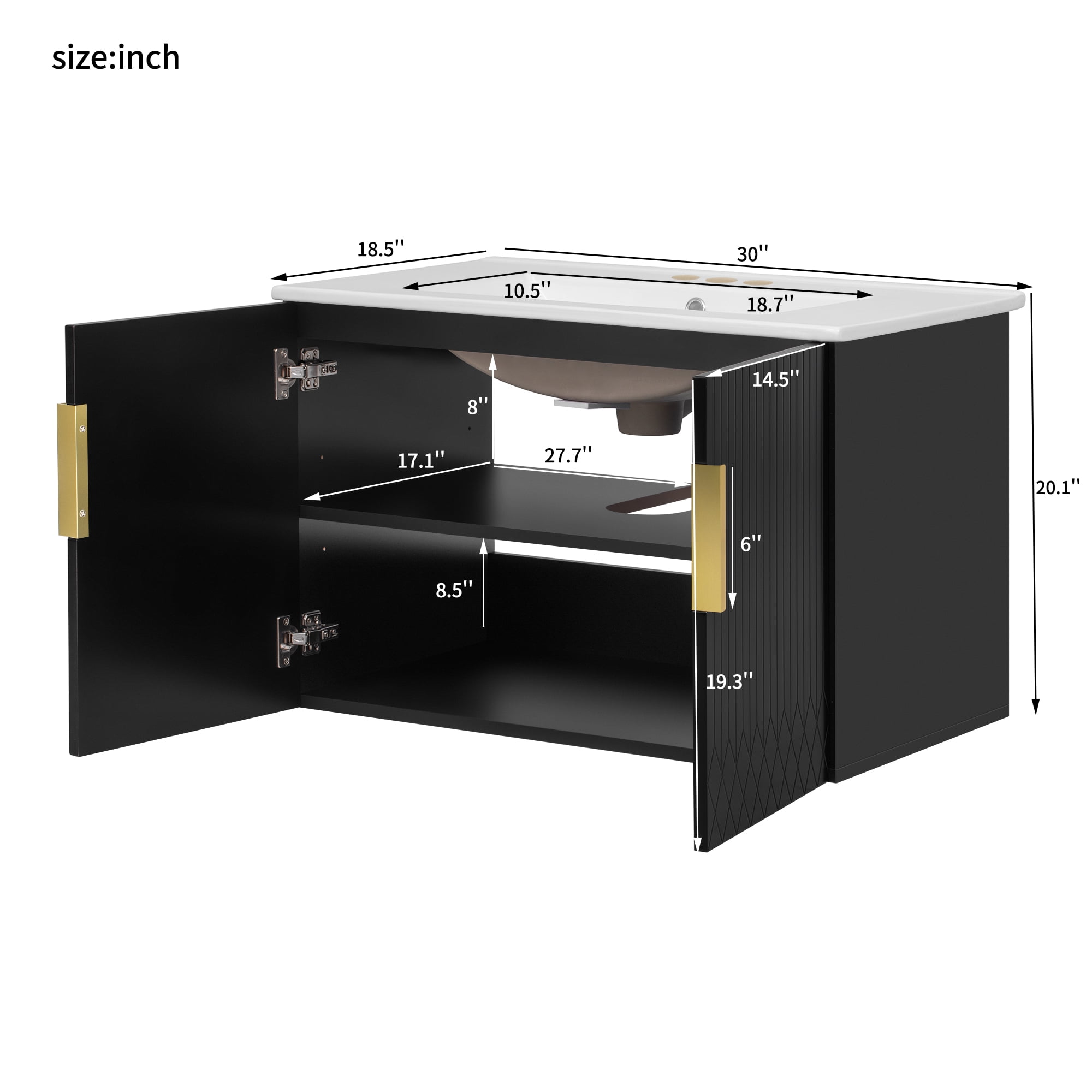 Euroco 30-Inch Wall-Mounted Bathroom Vanity with Glossy Ceramic Sink, Dual Soft-Close Doors, and Adjustable Shelf,