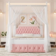 Homfa Full Size Upholstered Canopy Bed Frame for Bedroom, 2 Storage Drawers Platform Bed, Canopy Bed Curtain Not Included, Pink