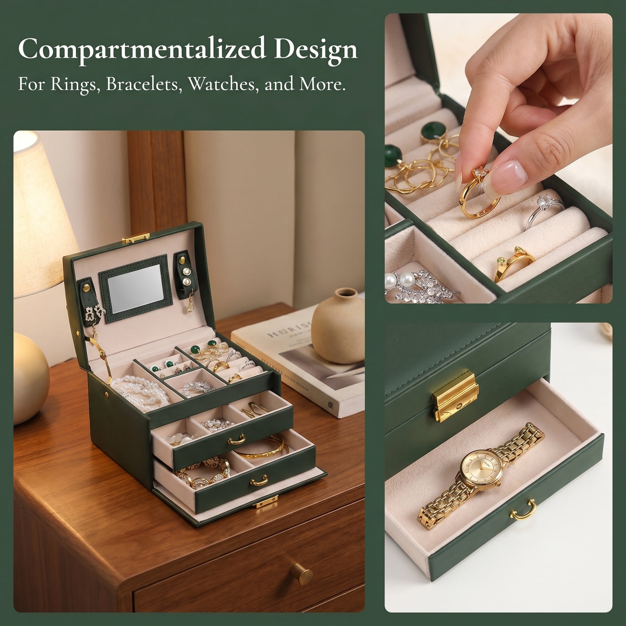 Unique Bargains 3 Layer Jewelry Box with Mirror Birthday Gifts Green