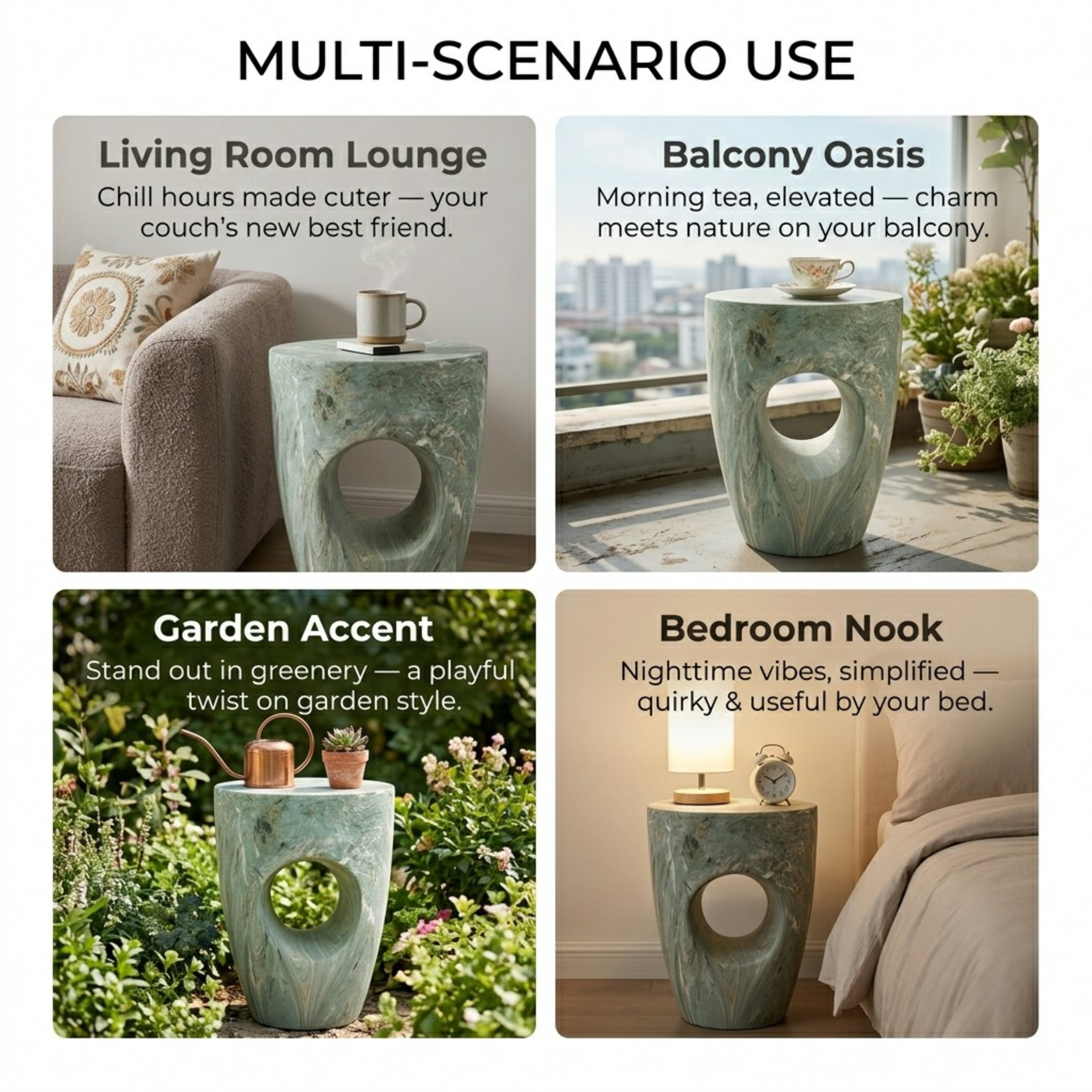 Round MGO Side Table 14.96 Inch, Faux Marble Outdoor Garden Stool and Indoor End Table, No Assembly Required, Green Marble