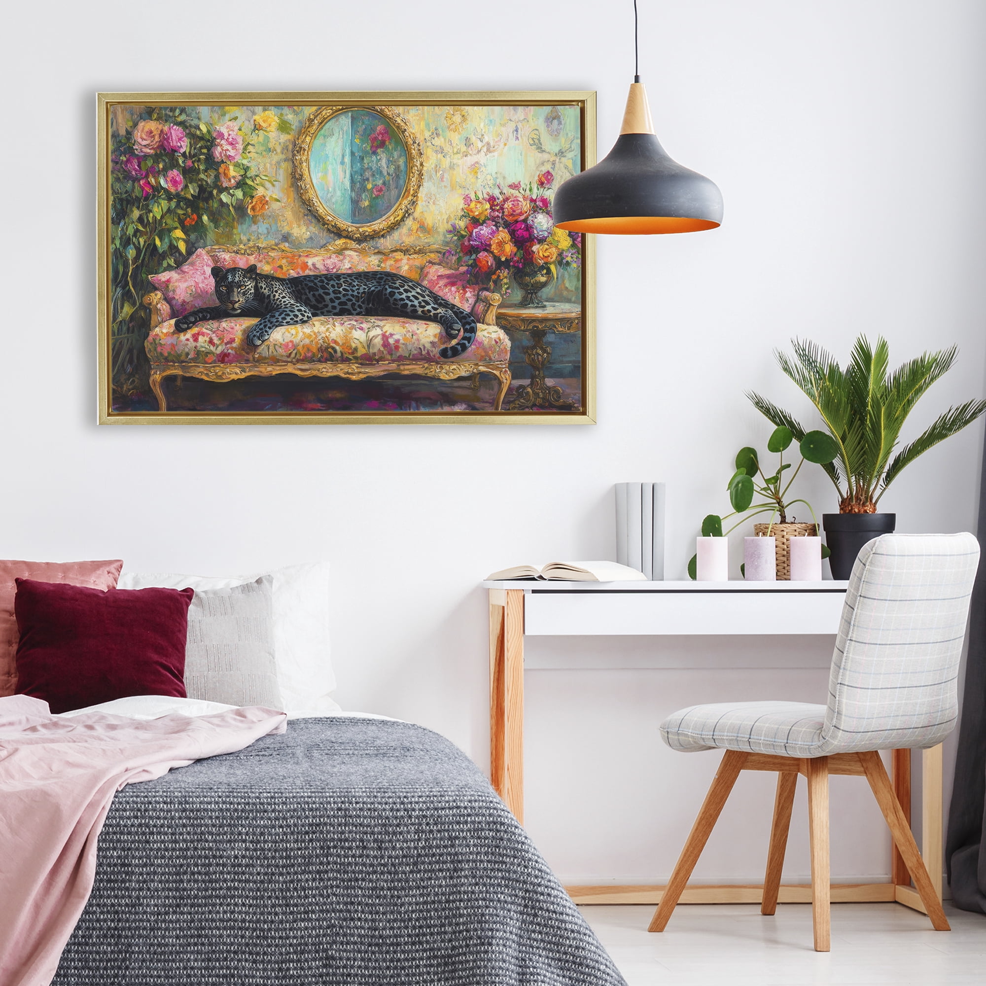 Stupell Industries Lounging Leopard on Floral Sofa Gold Framed Floater Canvas Wall Art, design by Petal Prints Design