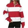 thumbnail image 2 of gbyLJF Womens Quarter Zipper Pullover Sweater Red and White Striped Long Sleeve Sweatshirt Casual Half Zipper Stand Collar Sweaters, 2 of 5