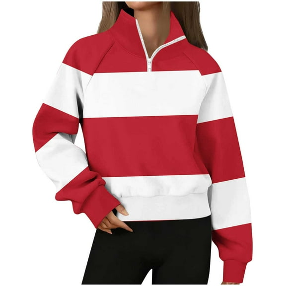 ZUKMRJPC Womens Sweatshirts Quarter Zip Fall Fashion Vintage Striped Long Sleeve Pullover Casual Loose Warm Fleece Cropped Tops