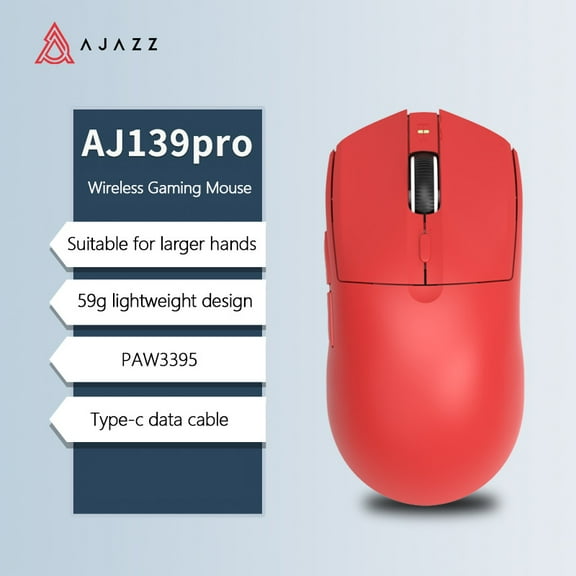 A.JAZZ AJ139 G Pro Wireless Gaming Mouse Ultra-Lightweight 59g with Dual Mode-Type C Wired/2.4Ghz USB Receiver up to 26000DPI 6 Programmable Button Ergonomic Symmetric for PS4 Xbox PC Mac Gamer(Red)