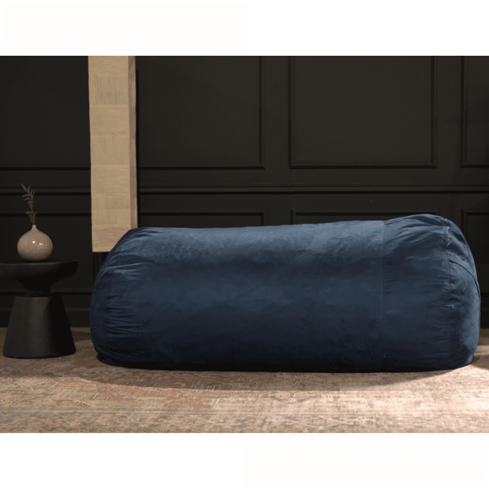 Marlin 6.5 Foot Suede Cylindrical Bean Bag Chair for Adults, Midnight Blue | Blue Solid | Curved