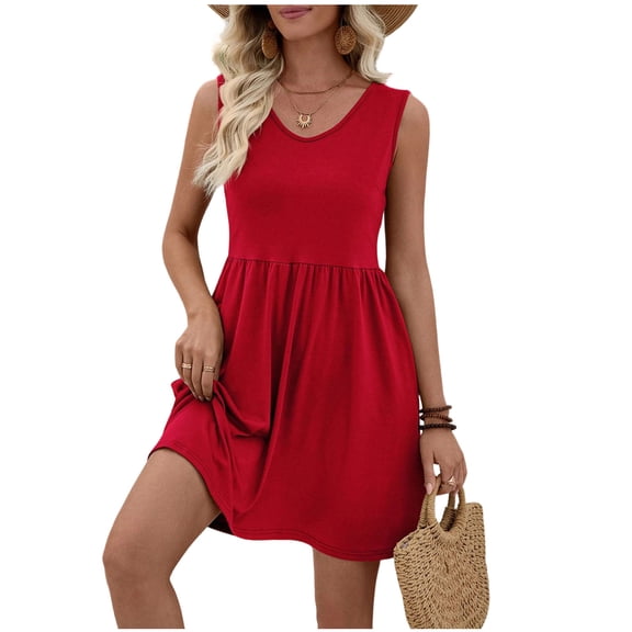 Fashion Beach Dresses for Womens Plus Size Summer Casual Solid Color V-Neck Sleeveless Short Dress