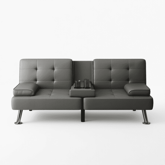 Convertible Faux Leather Futon Sofa Bed, Folding Sleeper Loveseat Couch with Cup Holder