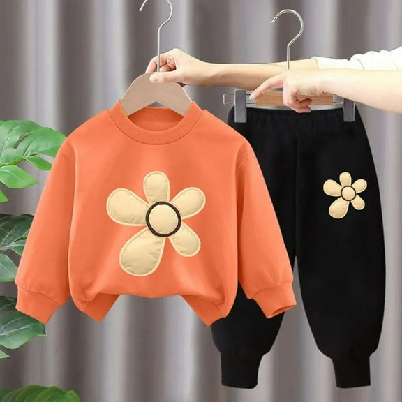 Eltusu Toddler Girls Outfit Sets, Two Pieces Long Sleeve Graphic Sweatshirts and Sweatpants Set Orange Size 5 T