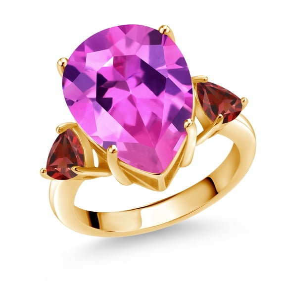 Gem Stone King 11.78 Ct Pink Created Sapphire Red Garnet 18K Yellow Gold Plated Silver Ring (Size 5)
