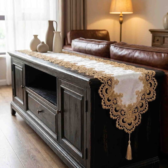 MMJ Embroidered Water Soluble Lace Table Runner Tassel Floral Dresser Scarf for Wedding Dining Home Decor 47.24x15.75in
