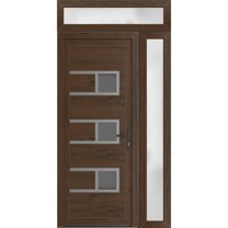 Front Exterior Prehung Metal-Plastic Door Frosted Glass | Manux 8933 Walnut | Side and Top Sidelite Transom | Office Commercial and Residential Doors Patio Garage 48x94 (W32 16x80 14) Left-hand