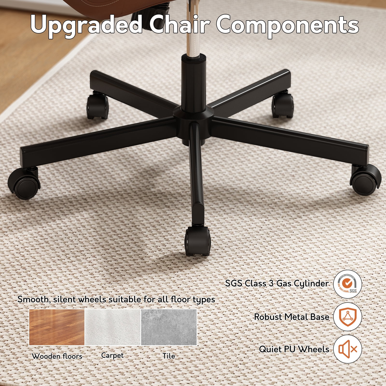 iooHug Armless Office Chair, PU Leather Small Computer Desk Chair with Wheels, Adjustable Swivel Vanity Chair with Memory Foam Cushion, No Arms Task Chair for Home Office, Bedroom, Brown