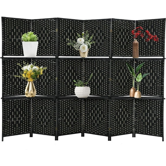 FDW 6 Panel Room Divider Wooden Portable Partition Screen Wood with Removable Storage Shelves Color, Black