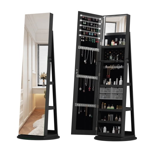 360° Swivel Jewelry Cabinet with Full Length Mirror, Rotating Standing Jewelry Armoire Organizer with Interior Lighted Mirror and Lockable Storage, Black