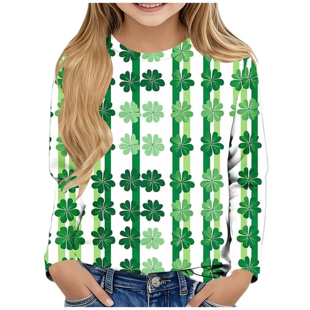 Blusas y camisas de manga larga con cuello redondo y estampado de San Patricio para niños, blusa informal de manga larga con cuello redondo, blusa de poliéster para niñas