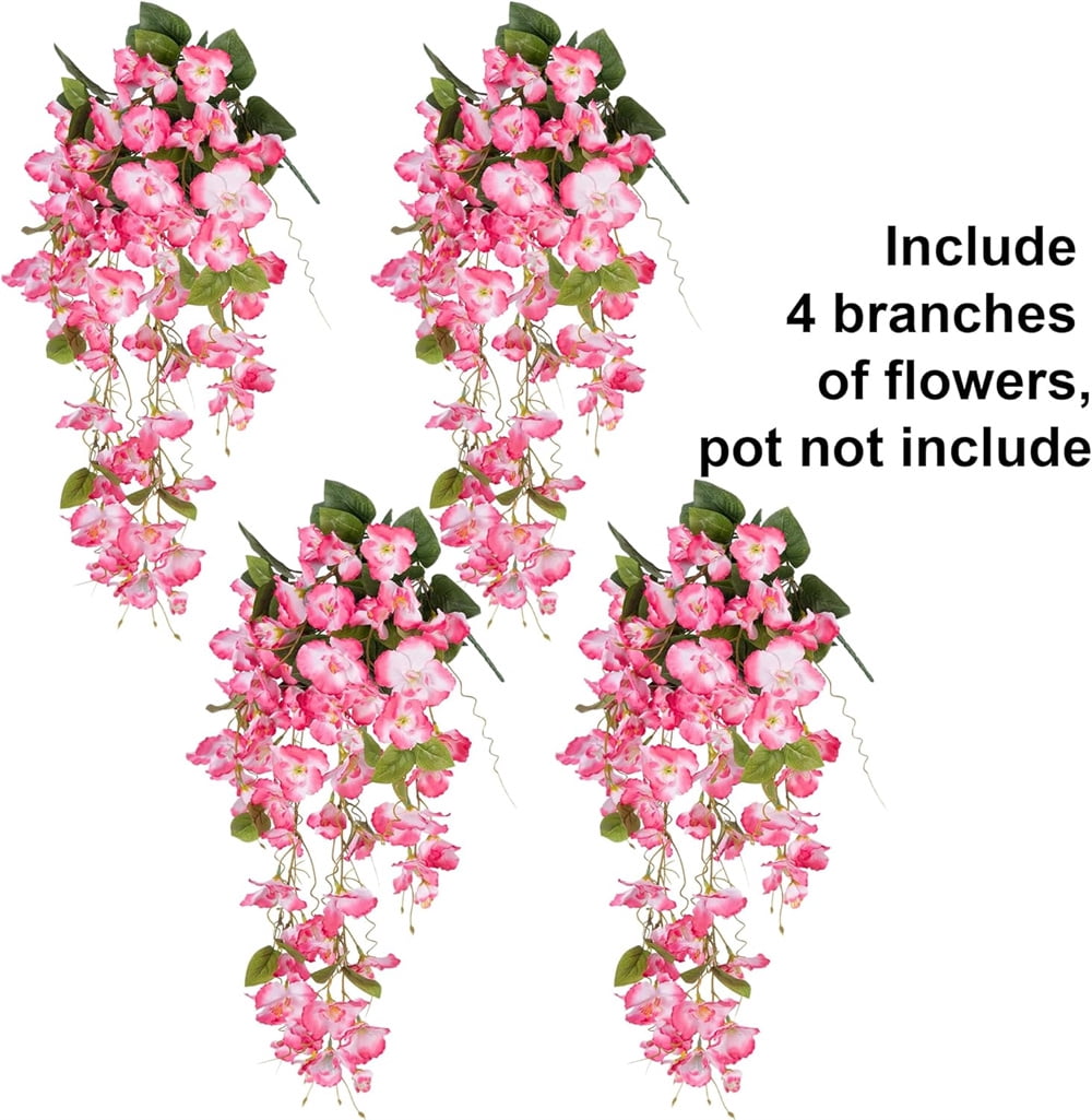 Duslogis 4 Pcs Fake Hibiscus Artificial Hanging Flowers Plants for Outdoors Spring Decor,Silk Hibiscus Vines Realistic UV Resistant Faux Flowers for Porch Patio Yard Home Wedding Party,Pink