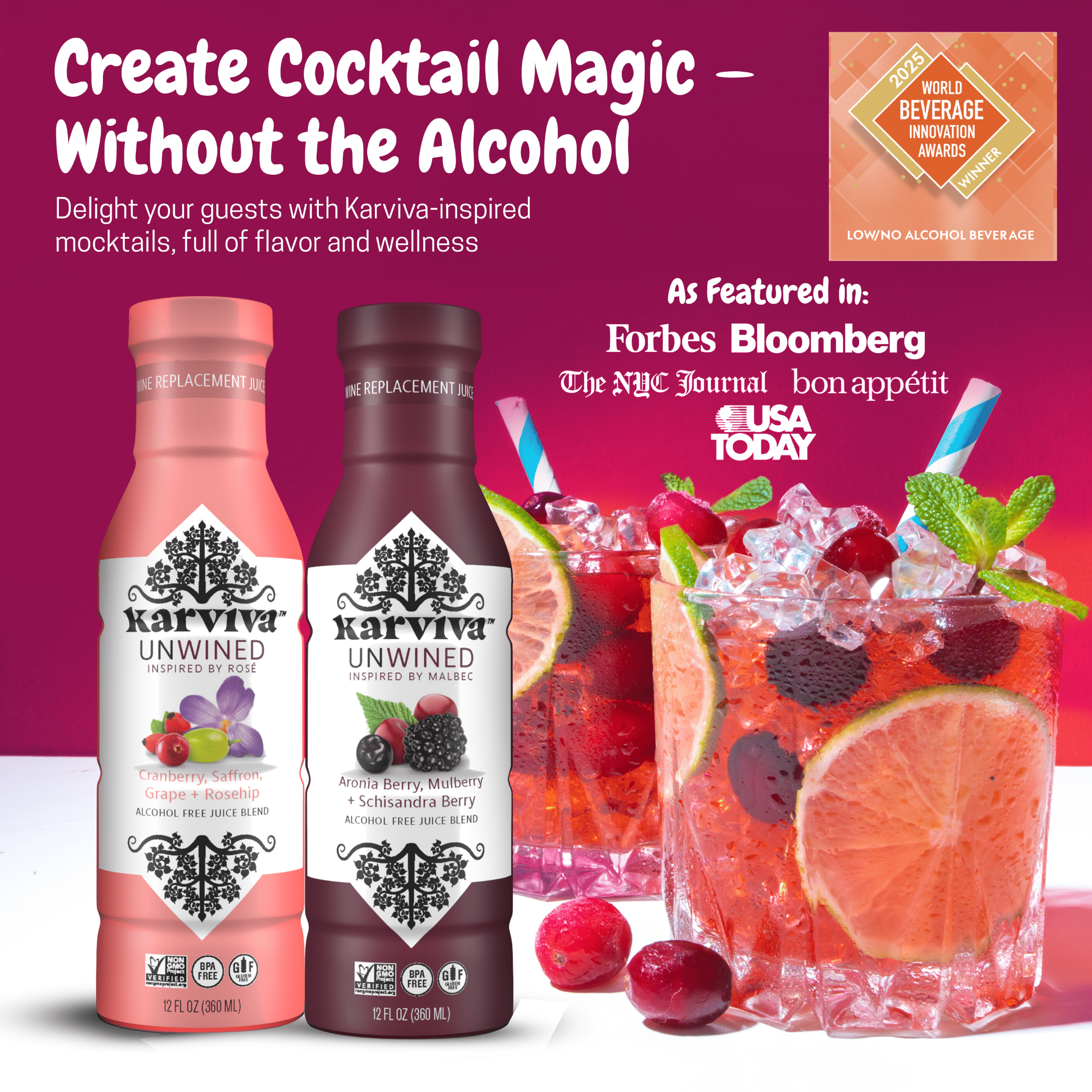 Karviva Organic Non-Alcoholic Wine, Malbec & Rosé Alternatives, 12 Fl oz, 4-Pack, Sulfite Free, Low-Sugar