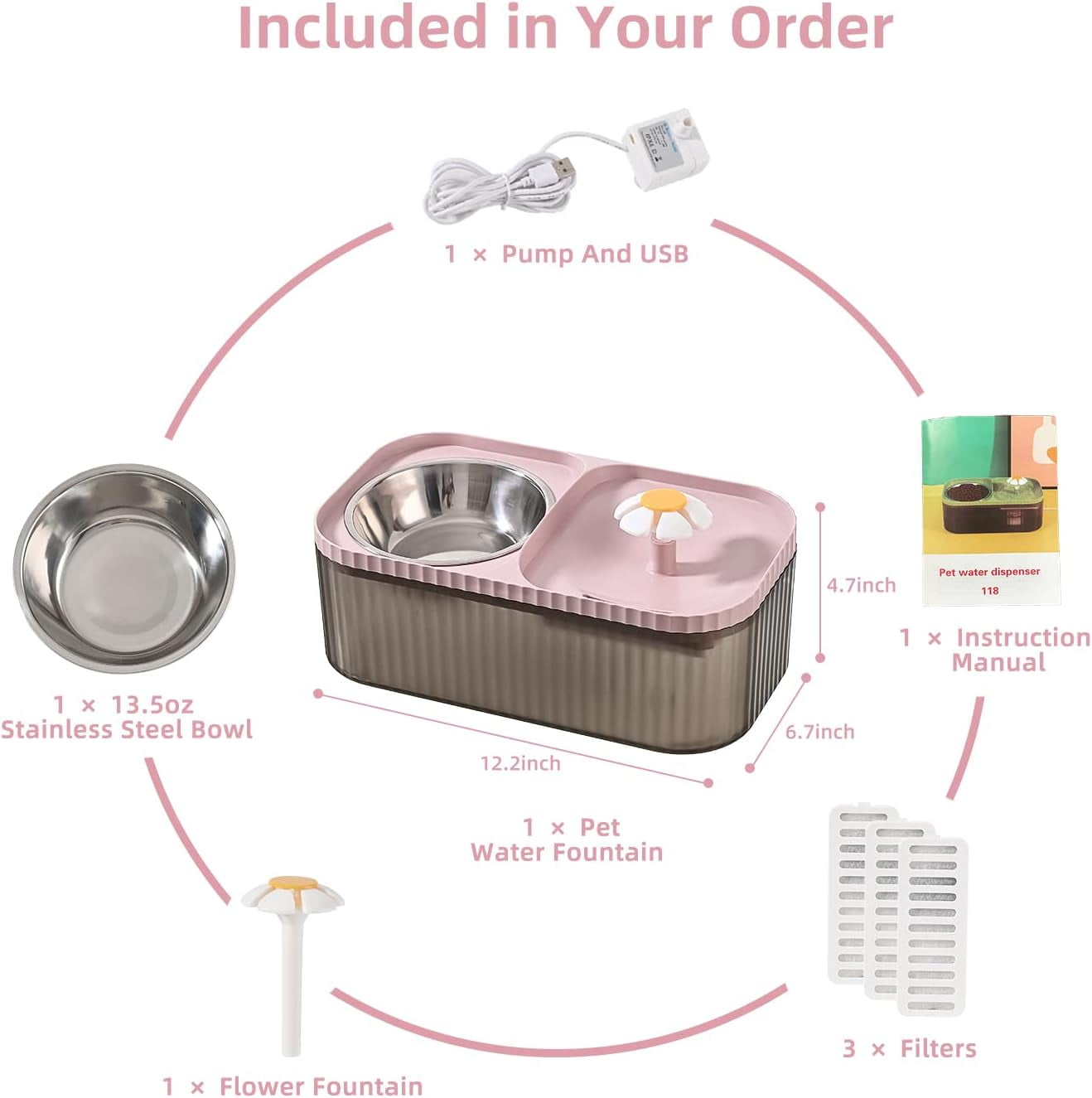 Asivwid Cat Water Fountain and Food Bowl, 3L/101oz Ultra Quiet Pet Water Dispenser with Smart Pump and 3 Replacement Filters, Automatic Flower Fountain & Stainless Steel Bowl for Dog Cat