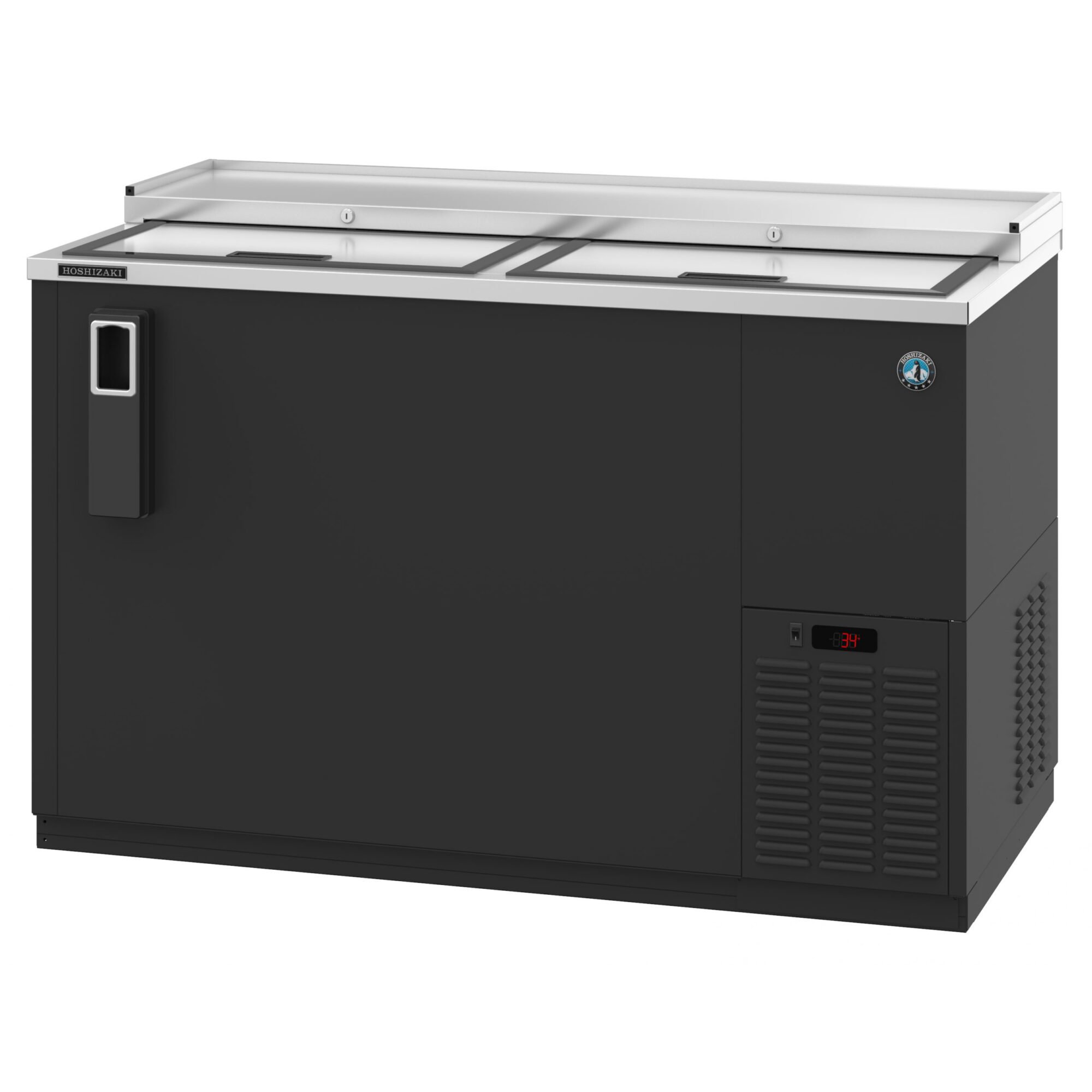 Hoshizaki CC50 Refrigerator, Two Section, Black Vinyl Back Bar Bottle Cooler, Slide Top Doors