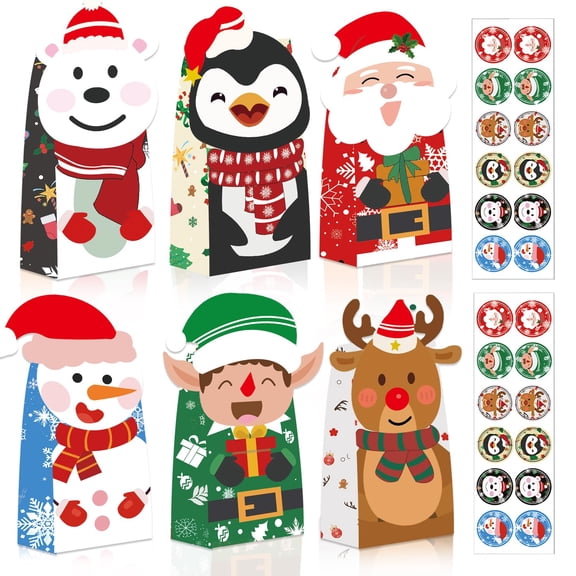 Thankyall 24PCS Christmas Treat Bags, Christmas Goody Bags with 24PCS Stickers, Candy Xmas Cookies Goodie Wrapping Bag for Classrooms Kids Holiday Party Favors Supplies