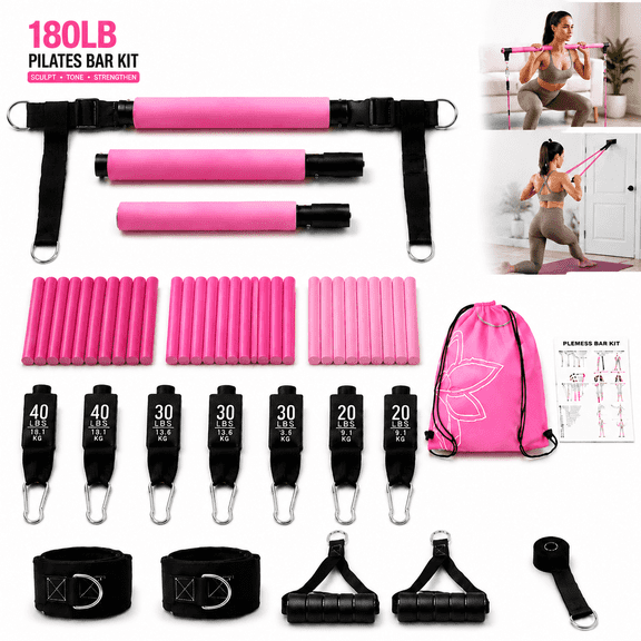 Ustris 180lb Pilates Bar Kit with Resistance Bands Exercise Bands Workout Bands -  Indoor and Outdoor Bands with Door Anchor and Handles for Strength, Slim, Yoga, Home Gym Equipment for Men/Women