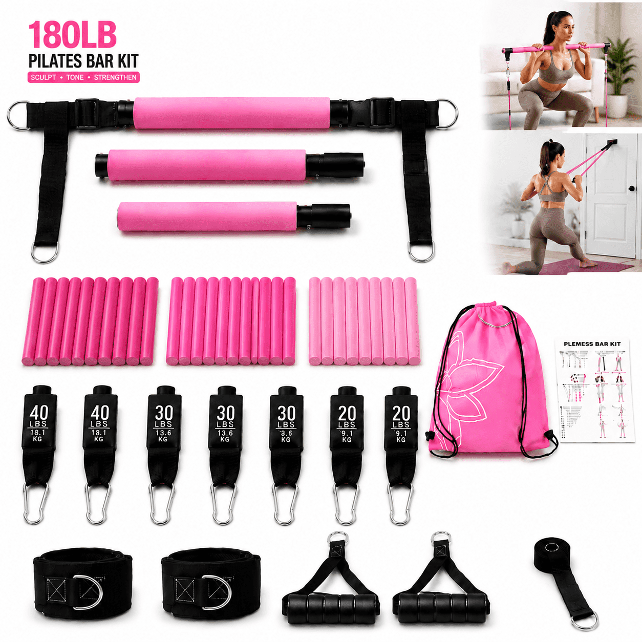 Ustris 180lb Pilates Bar Kit with Resistance Bands Exercise Bands Workout Bands - Indoor and Outdoor Bands with Door Anchor and Handles for Strength, Slim, Yoga, Home Gym Equipment for Men/Women