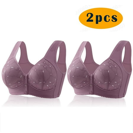 GERsome Women s 2 Pack Assorted Color Comfort Front Close Sport Bra Convenient Snap Sleep Bra Wireless Bras for Women Plus Size Full Coverage No Underwire Bra 2pcs#Purple M