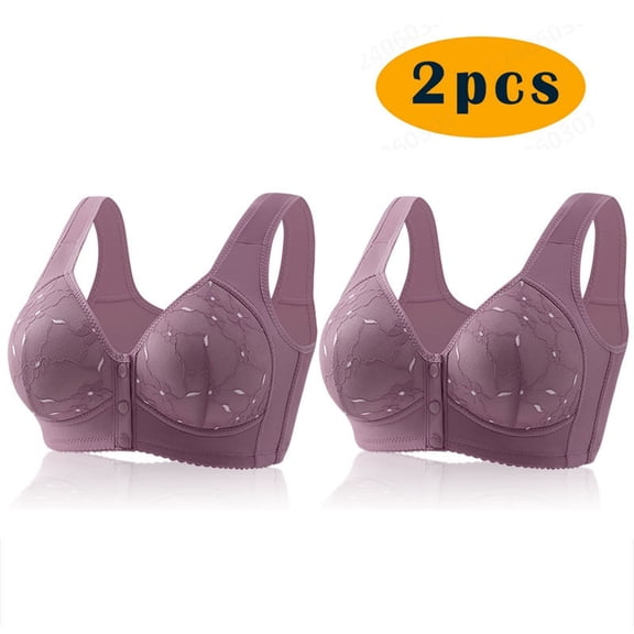 Crunowin 2Pc Bra For Seniors Front Closure for Women, Soft Casual Bra Plus Size Wire Free Lingerie Purple M