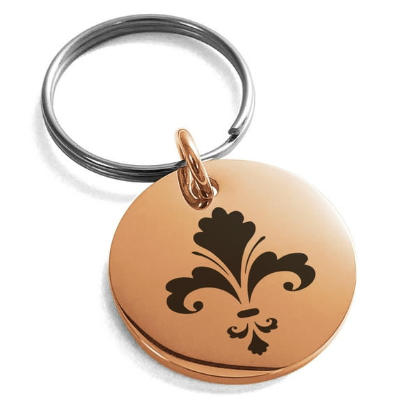 Stainless Steel Floral Fleur De Lis Engraved Small Medallion Circle Charm Keychain Keyring