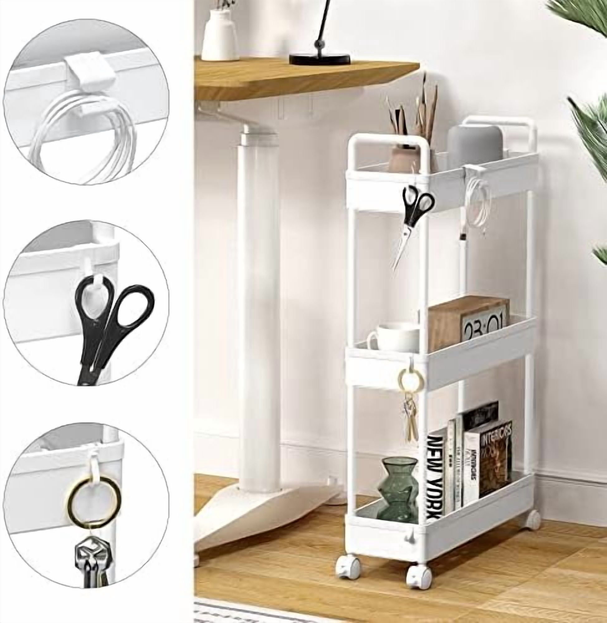 Slim Rolling Storage Cart with Wheels 3 Tier Skinny Bathroom Storage Organizer Thin Laundry Room Utility Cart Space-Saving for Bedside Kitchen Office Small Narrow Places, White