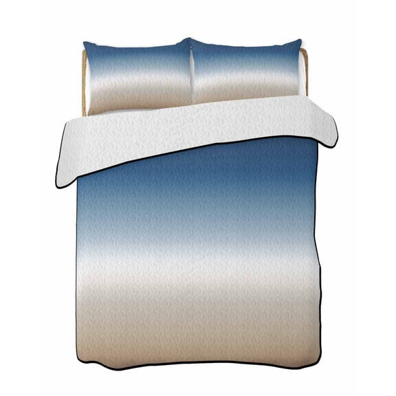 Navy Blue Beige Ombre Cream Summer Quilt Set Queen Size,Soft Quilted Bedding Set with 2 Pillow Shams,Modern Abstract Art Aesthetics Lightweight All Season Bedspread Coverlet for Bedroom 90"x96"