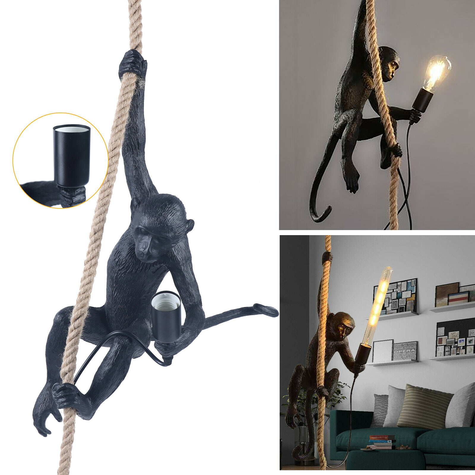 Modern Resin Monkey Hemp Rope Pendant Light Industrial Ceiling Lamp Chandelier 