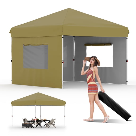 Heavy Duty 10x10 ft Pop Up Canopy Tent - Commercial Outdoor Shelter, Waterproof & UV-Resistant, Quick Setup, 3 Removable Sidewalls for Camping, Events - Color: Khaki