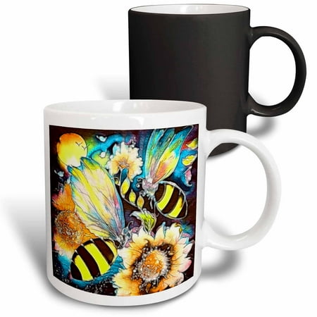 3drose, Colorful Wings Bumble Bees and Floral Nature Digital Art Design, 11oz Magic Transforming Mug