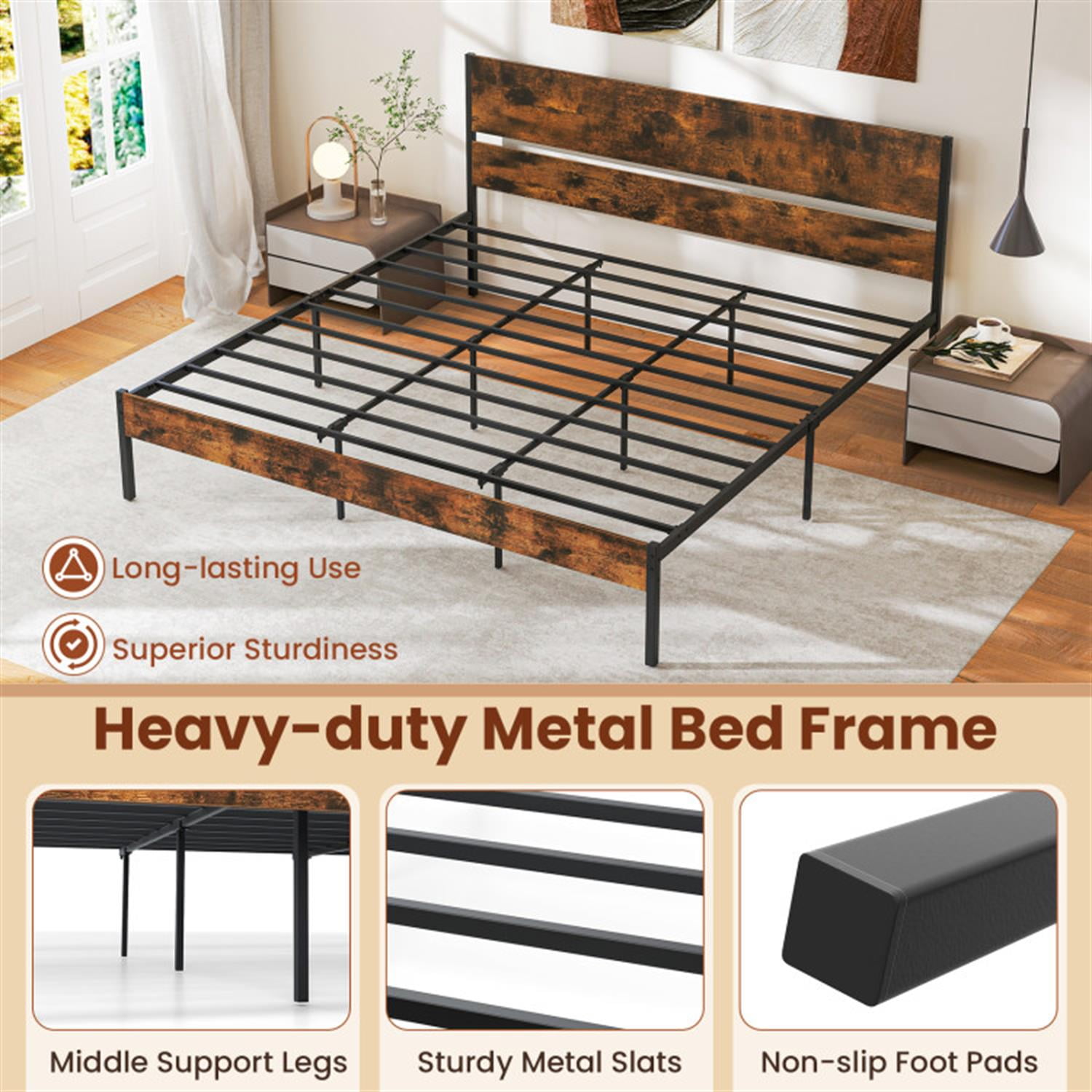 Demi Bonn King Size Bed Frame with Wooden Headboard and Footboard, Modern Metal Platform Bed Frame with Under Bed Storage, No Box Spring Needed, Brown