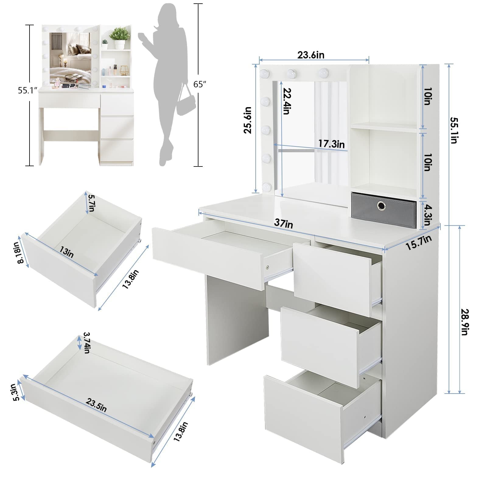 VEANERWOOD Makeup Vanity Table with 12 Lights, Vanity Desk with Lighted Mirror, 4 Large Drawers Dresser, 3 Lighting Modes Brightness Adjustable, Modern, White