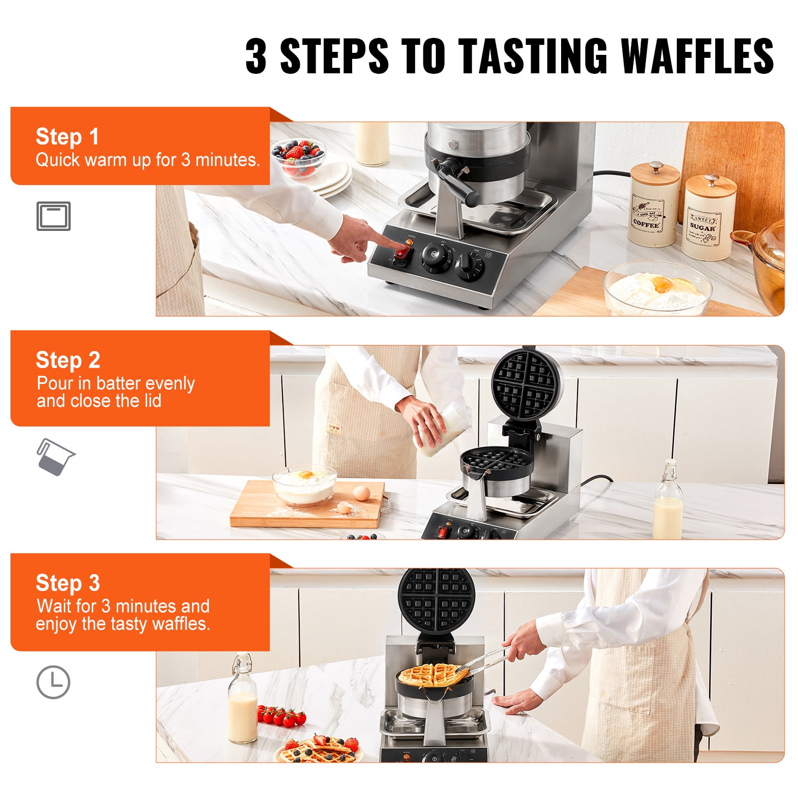 KFFKFF 1300W Rotatable Non-Stick Waffle Iron 120V Commerical Round Waffle Maker