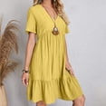 thumbnail image 6 of Summer Solid Dresses for Women 2026 Short Sleeve v Neck Mini T Shirt Dress - Midi Dress Flowy Pleated Beach Sundress - Summer Trendy Vacation Beach Dress Yellow XL, 6 of 8