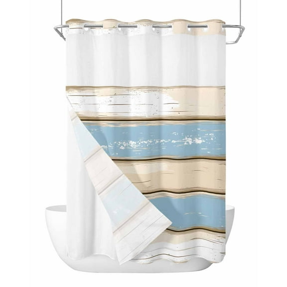 No Hook Shower Curtains with Snap in Liner, Geometric Blue Beige Fabric Shower Curtain, Farmhosue Vintage Shabby Wood Grain Double Layers & See-Through Top Window Bathroom Curtains 60''x72''