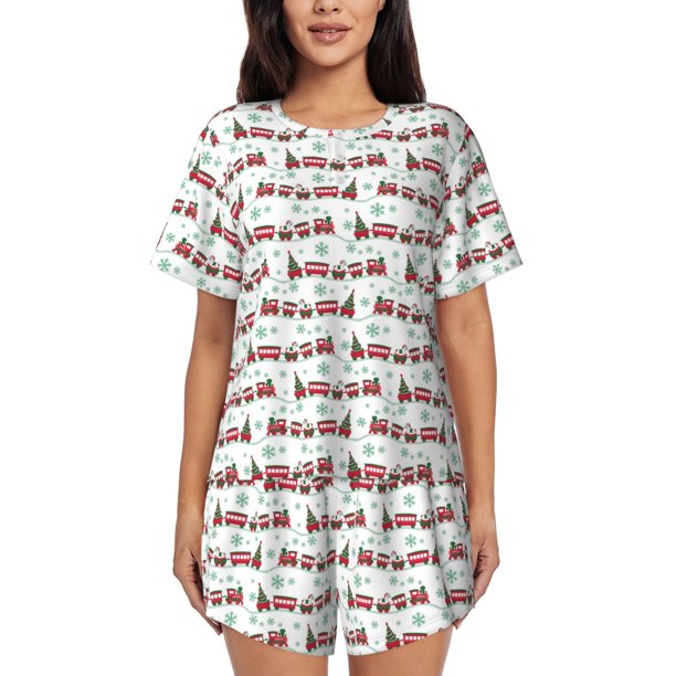 Balery Christmas Train Conjunto de Pijama para Mujer con Estampado, Dos Piezas de Manga Corta y Shorts, Ropa de Dormir Suave con Cuello Redondo y Bolsillos-Small
