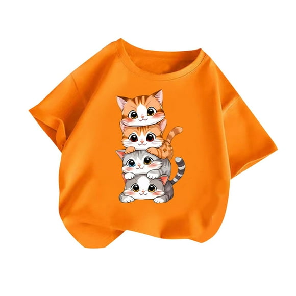 T-shirts à Manches Courtes pour Filles avec Animaux, T-Shirts d'Été à Col Ras du Cou, T-Shirts Orange 10-12 Ans